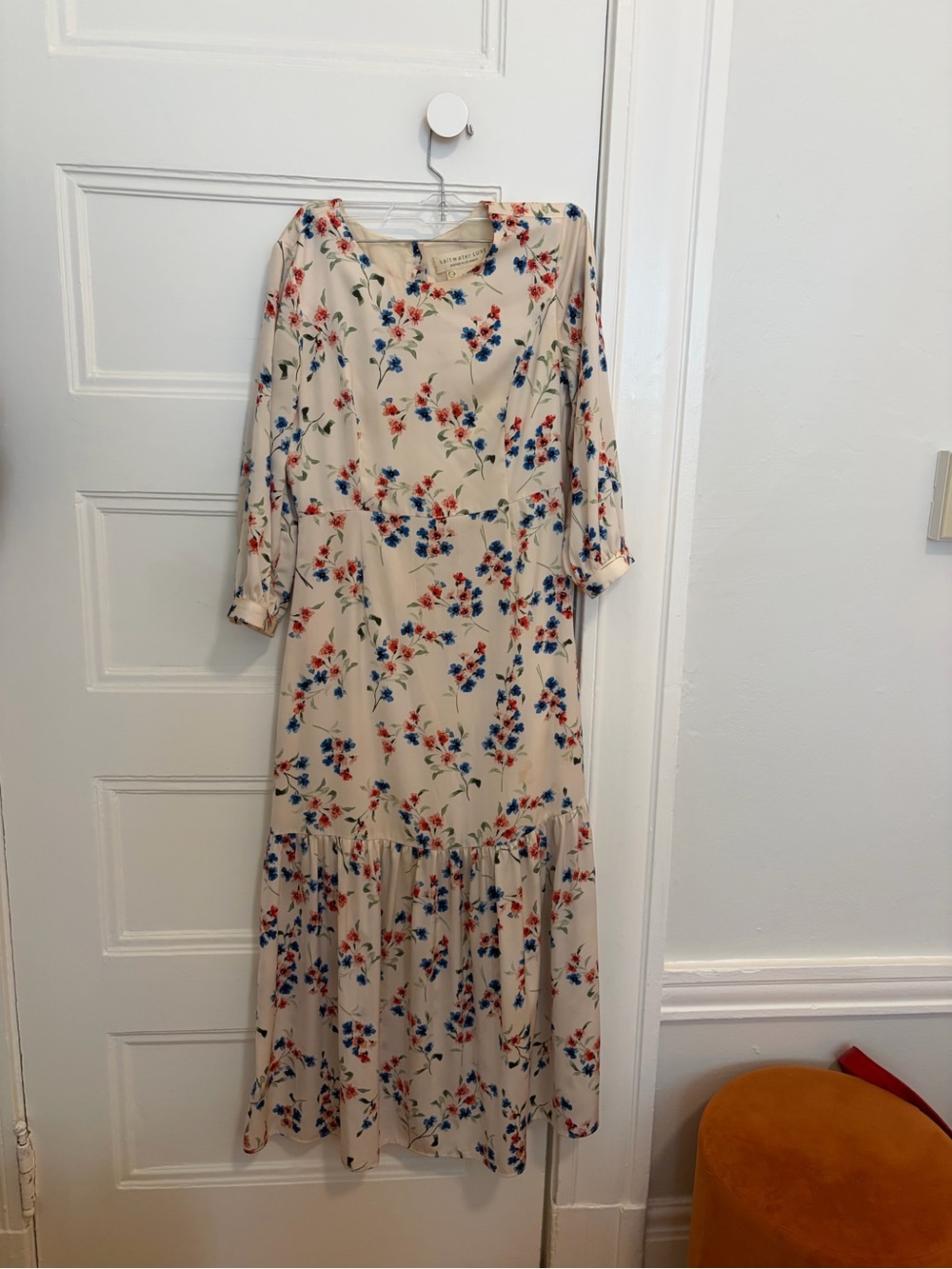 Floral Midi Dress in Cream with Red & Blue Print